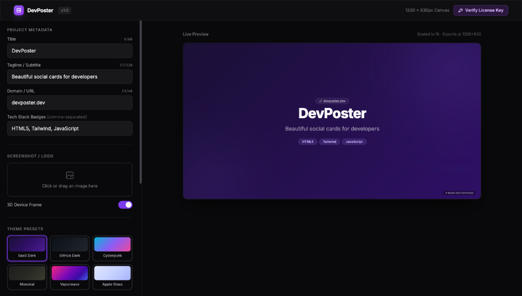 DevPoster editor UI — left sidebar with project metadata, theme presets, and live preview on the right